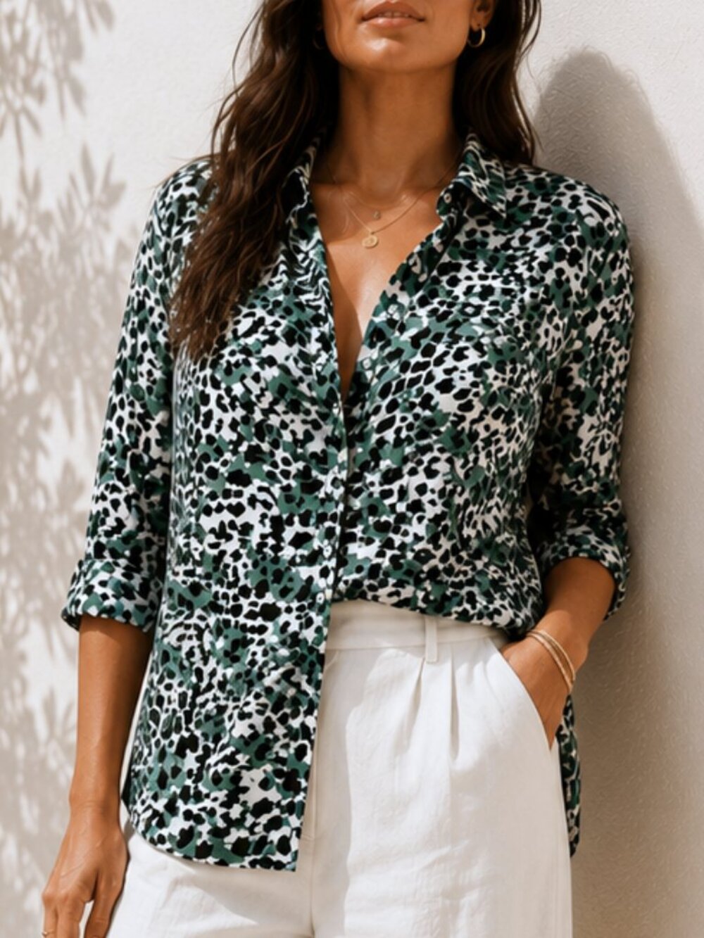 Beach Lunch Lounge Roll Tab Sleeve Women's Viscose Shirt Leopard Animal Print 2X